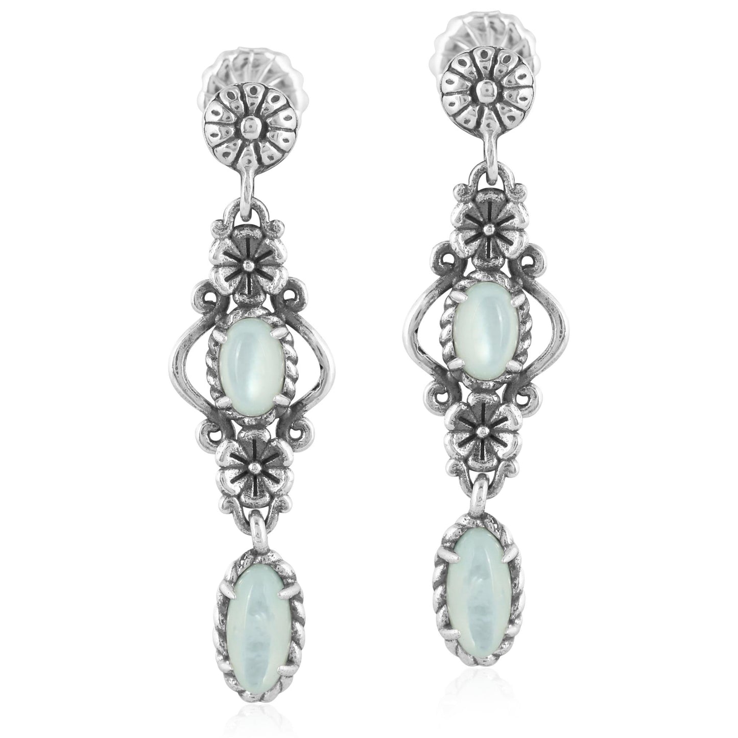 Sterling Silver White Mother of Pearl Gemstone Floral Dangle Earrings
