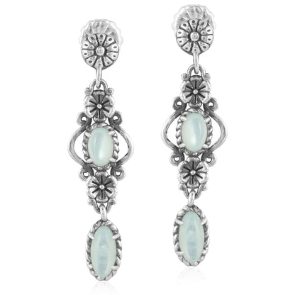 Sterling Silver White Mother of Pearl Gemstone Floral Dangle Earrings