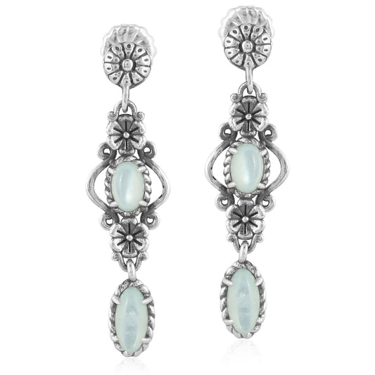 Sterling Silver White Mother of Pearl Gemstone Floral Dangle Earrings