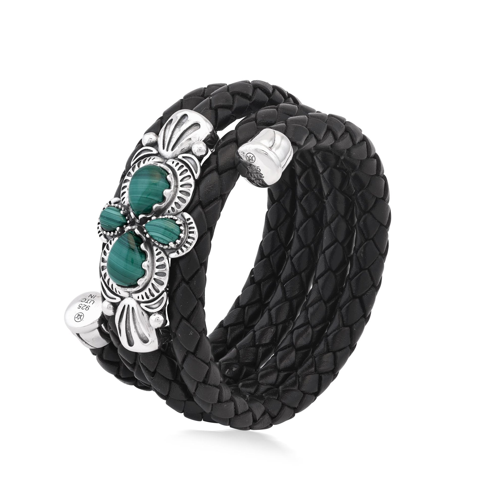  Sterling Silver Malachite Pear Cluster Black Leather Wrap Bracelet 