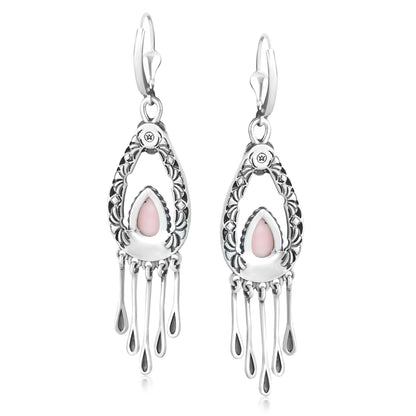 Sterling Silver Pink Opal Pear-Cut Lever Back Dangle Earrings