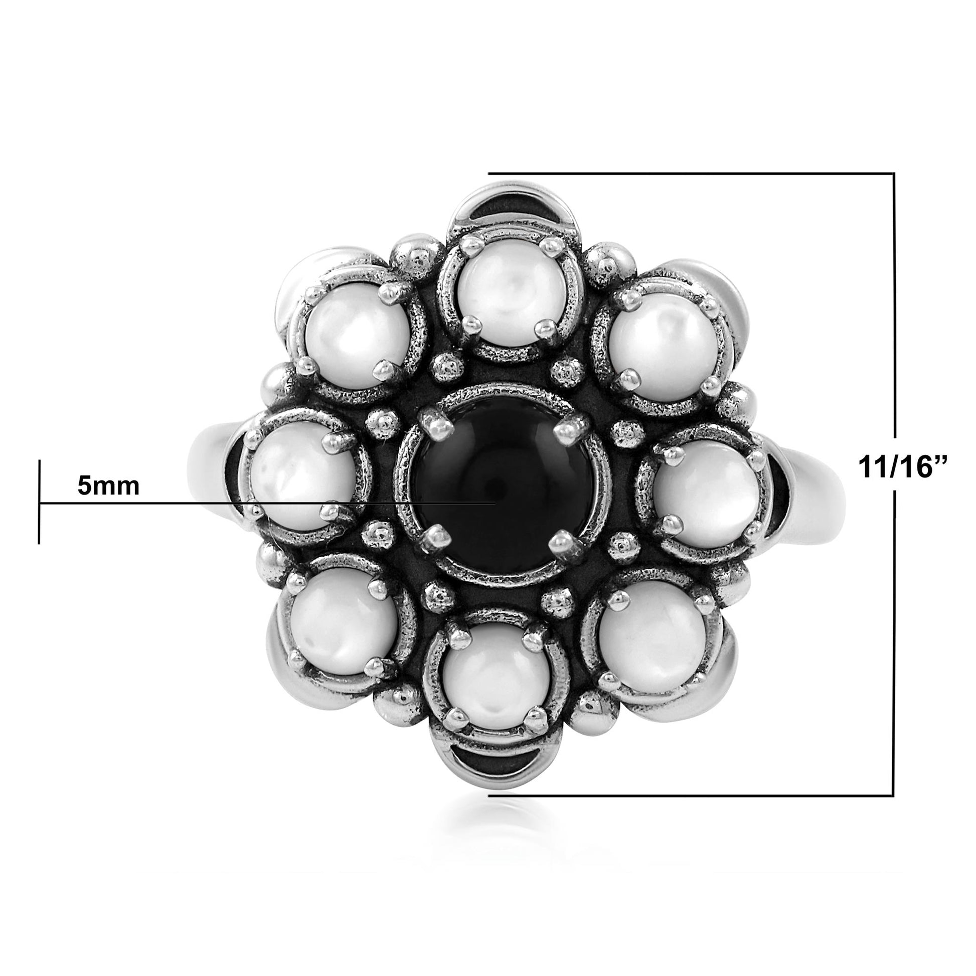Sterling Silver Black Onyx and White Mother of Pearl Round Cut Flower Cluster Ring