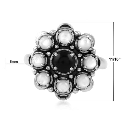 Sterling Silver Black Onyx and White Mother of Pearl Round Cut Flower Cluster Ring