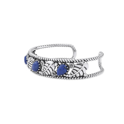 Sterling Silver Lapis Oval and Pear Leaf Cuff Bracelet, Sizes Small to Large