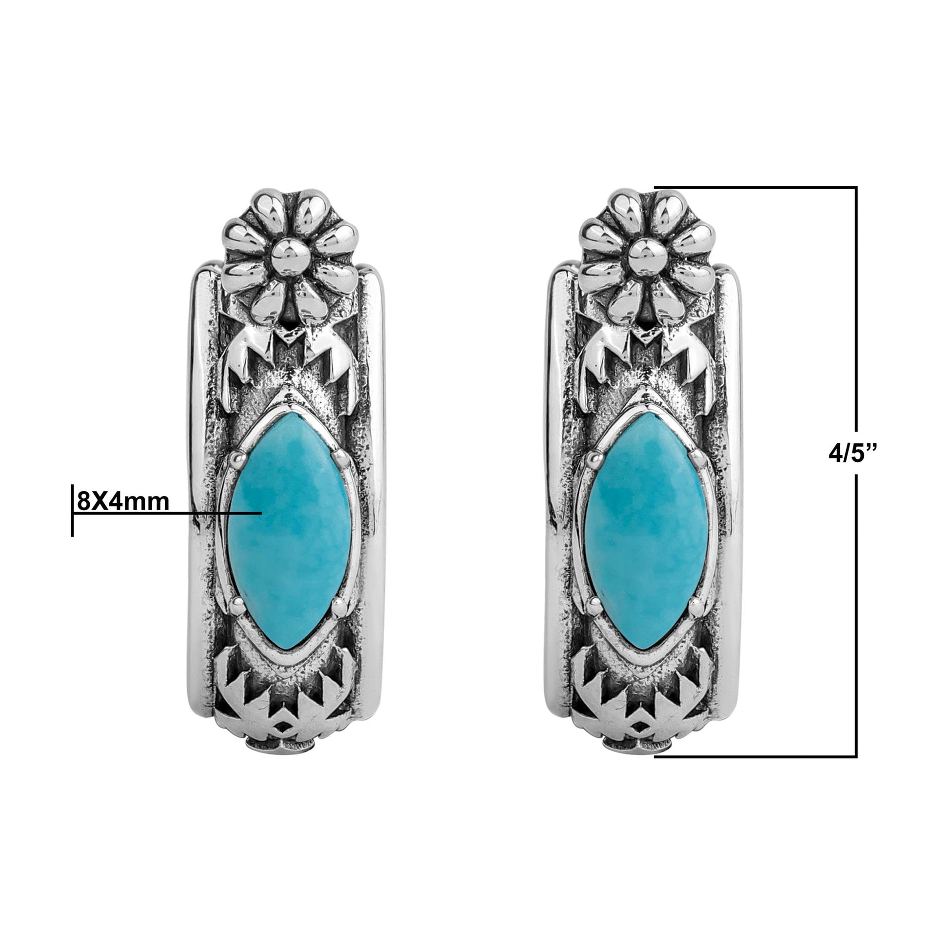 Sterling Silver Kingman Turquoise Marquise Cut Huggie Hoop Earrings 