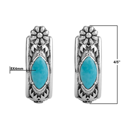Sterling Silver Kingman Turquoise Marquise Cut Huggie Hoop Earrings 