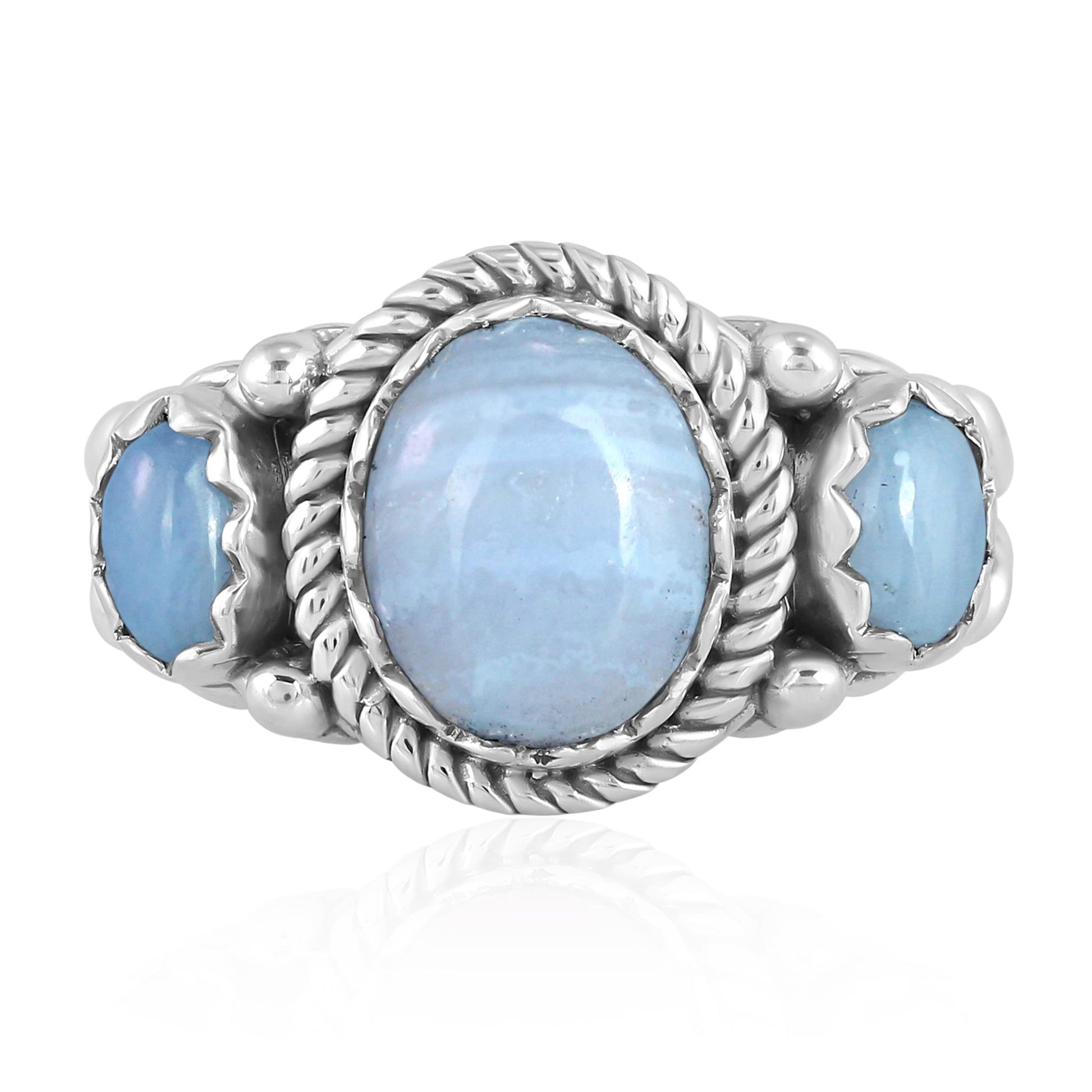Sterling Silver Blue Lace Agate 3-Stone Ring, Sizes 5 to 11