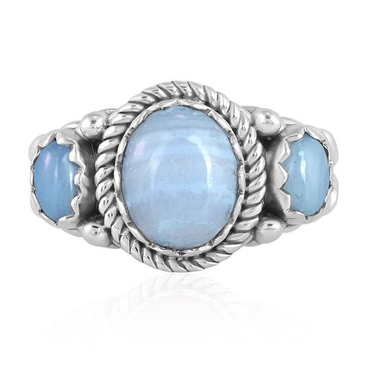 Sterling Silver Blue Lace Agate 3-Stone Ring, Sizes 5 to 11