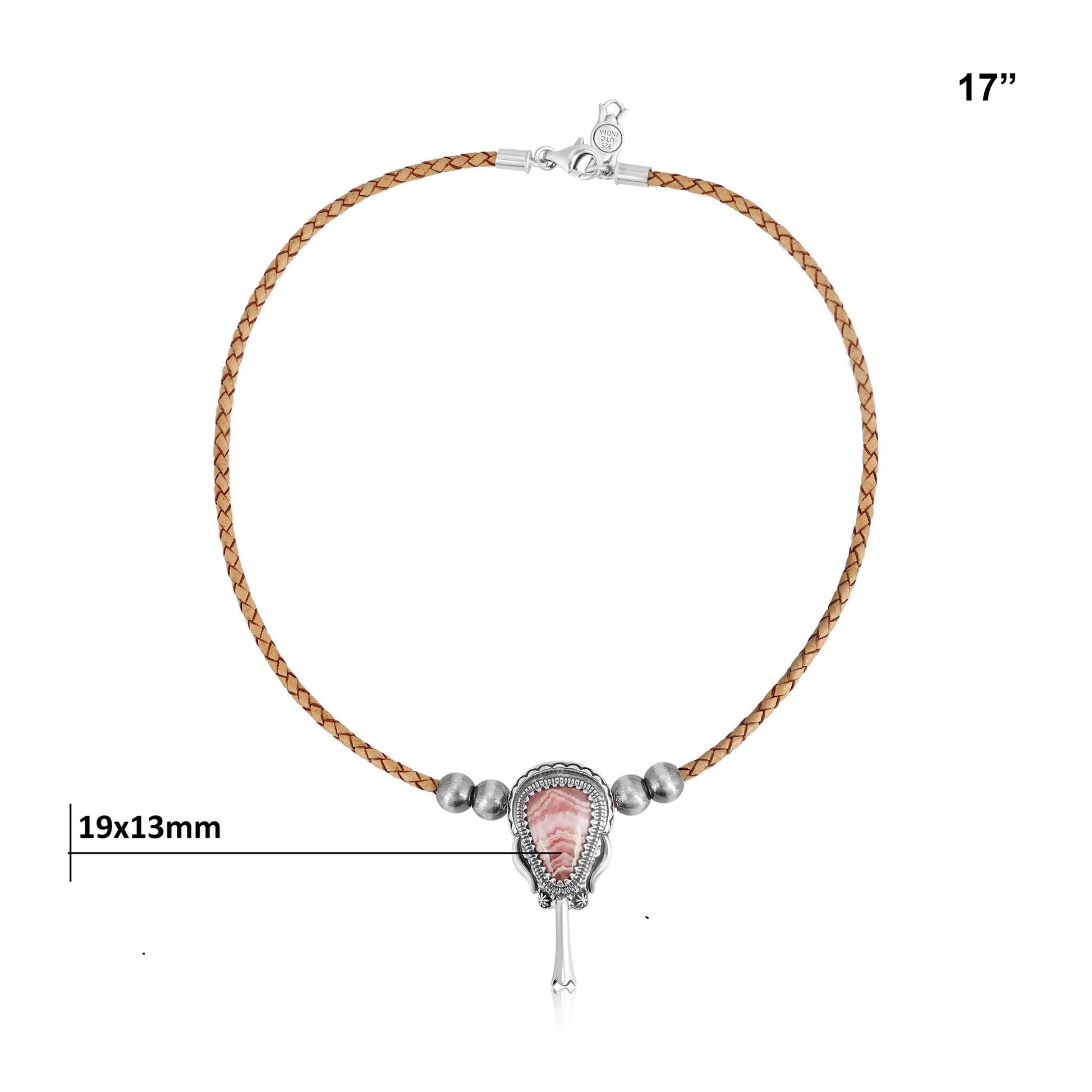 Sterling Silver Rhodochrosite Natural Leather Squash Blossom Necklace