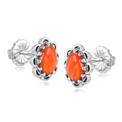 Sterling Silver Orange Spiny Oyster Concha Flower Stud Earrings