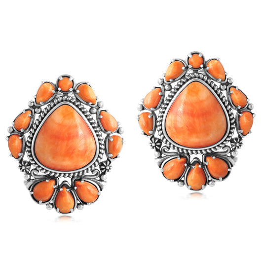 EXCLUSIVELY OURS! Sterling Silver Orange Spiny Oyster Trillion, Pear and Oval Stud Earrings