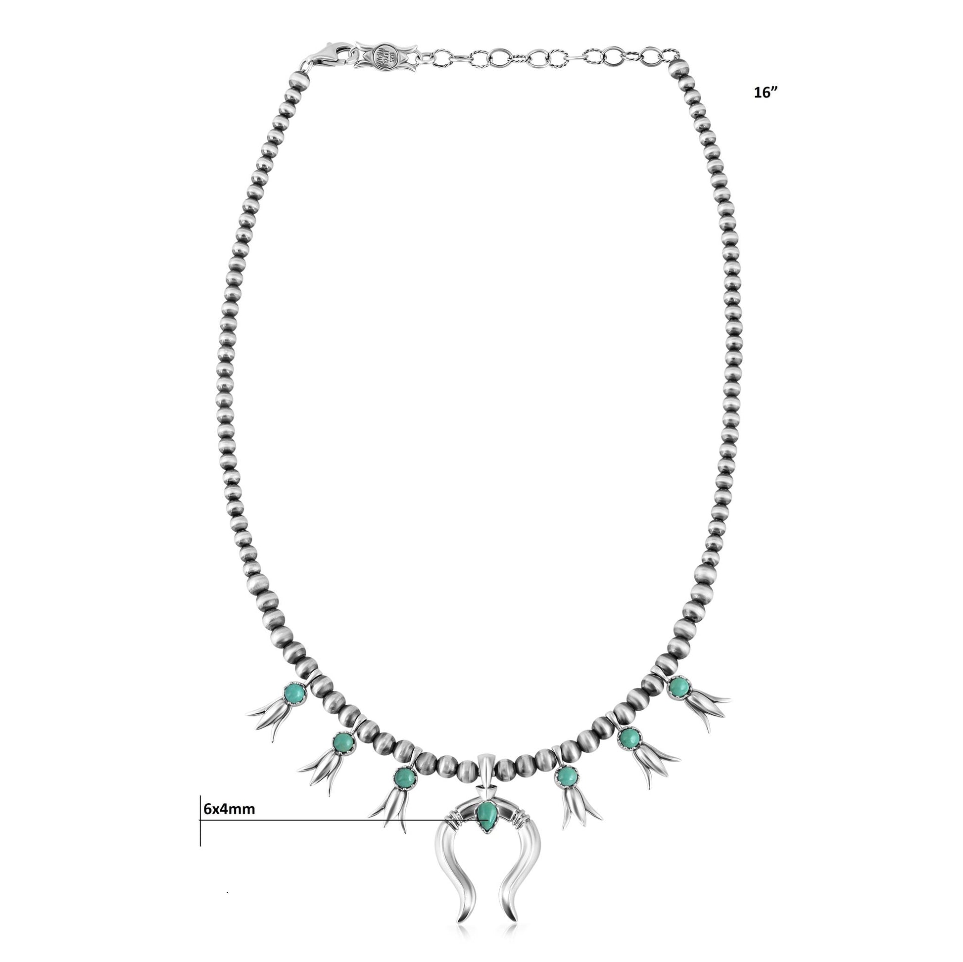 Sterling Silver Green Turquoise Beaded Squash Blossom Necklace