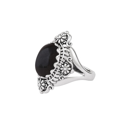  Sterling Silver Black Onyx Oval Scalloped Concha Ring