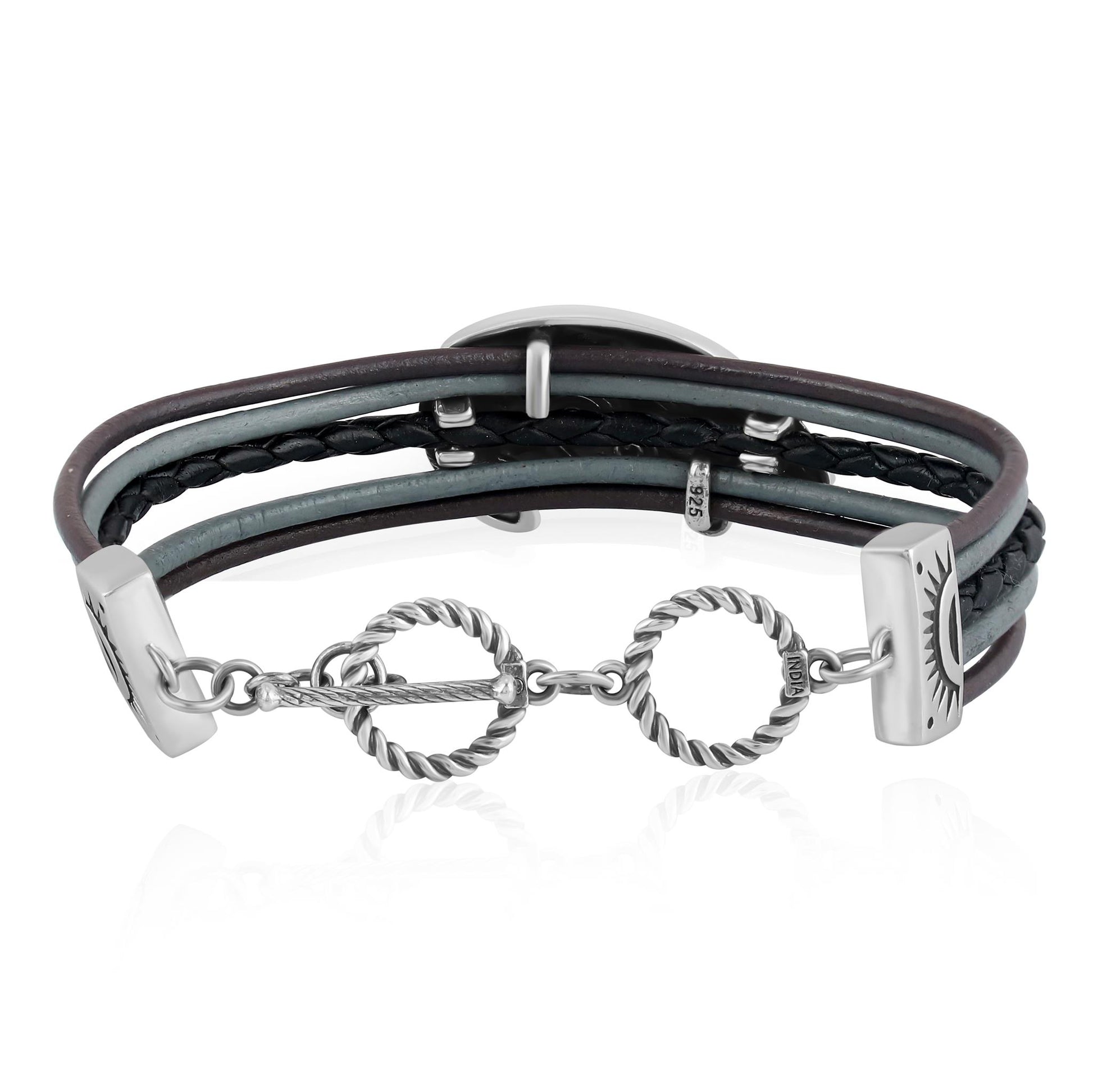 Sterling Silver Bear Design Multicolored Black Leather Toggle Bracelet