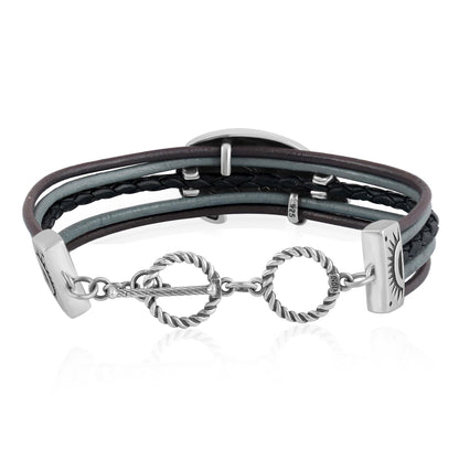 Sterling Silver Bear Design Multicolored Black Leather Toggle Bracelet