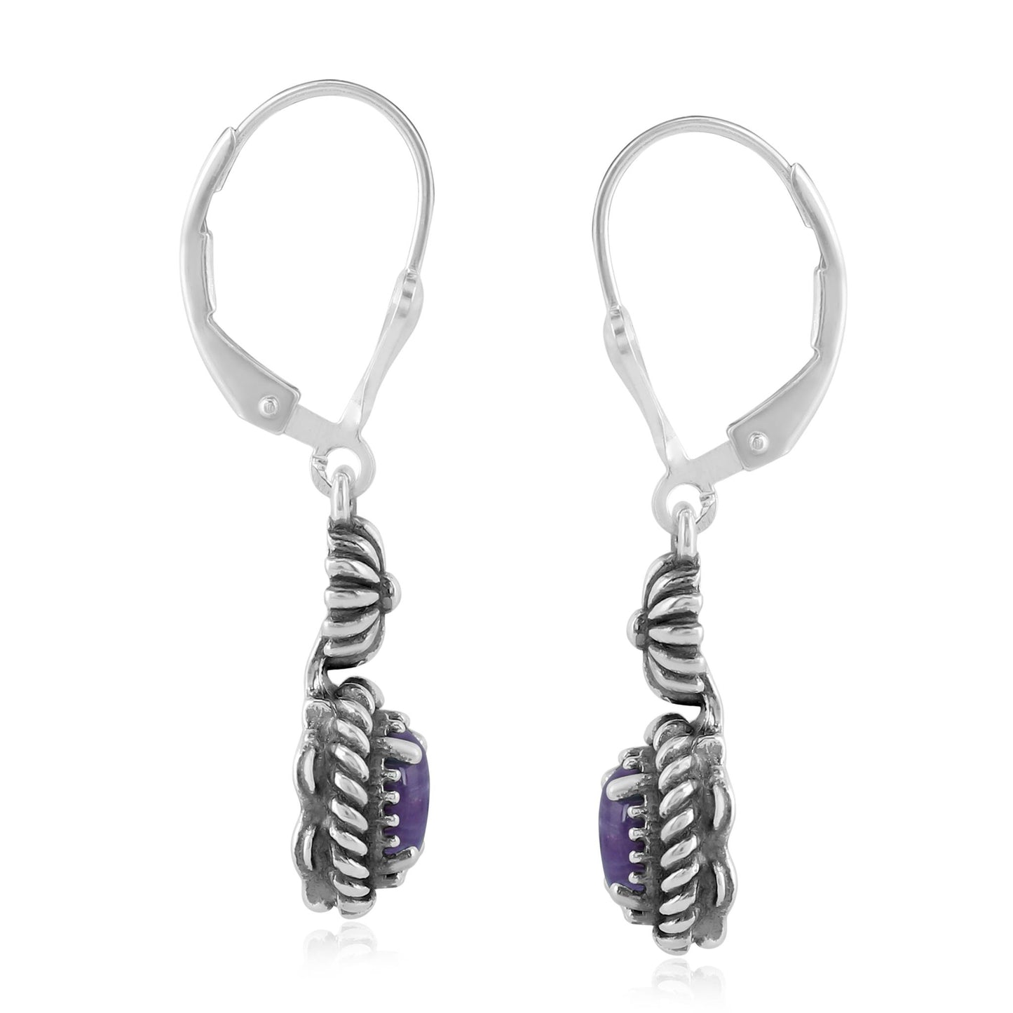 EXCLUSIVELY OURS! Sterling Silver Charoite Floral and Rope Design Dangle Earrings