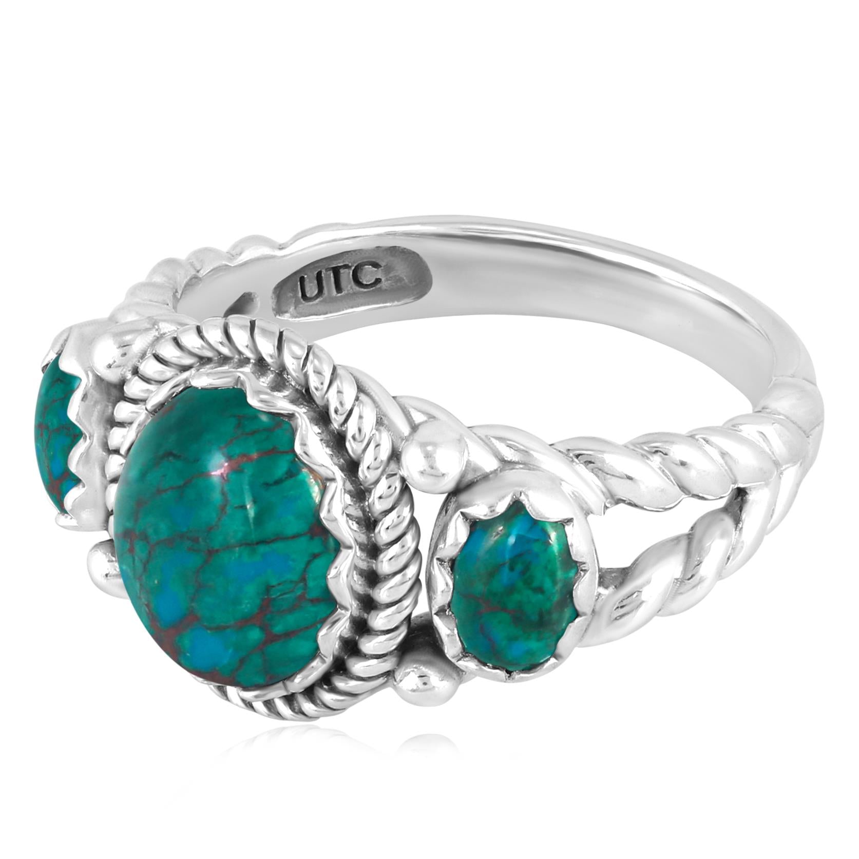 Sterling Silver Chrysocolla 3-Stone Ring, Sizes 5 to 11