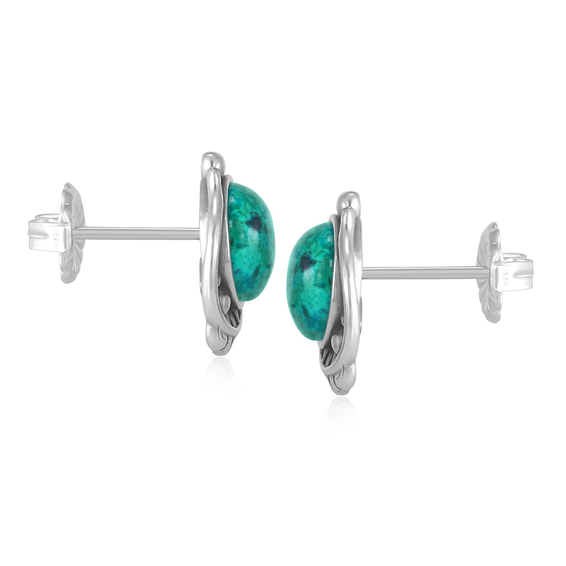 Sterling Silver Chrysocolla Leaf Design Button Earrings