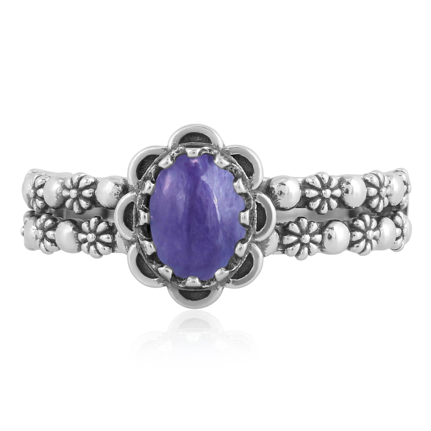 EXCLUSIVELY OURS! Sterling Silver Charoite Double Row Concha Flower Ring, Sizes 5 to 10