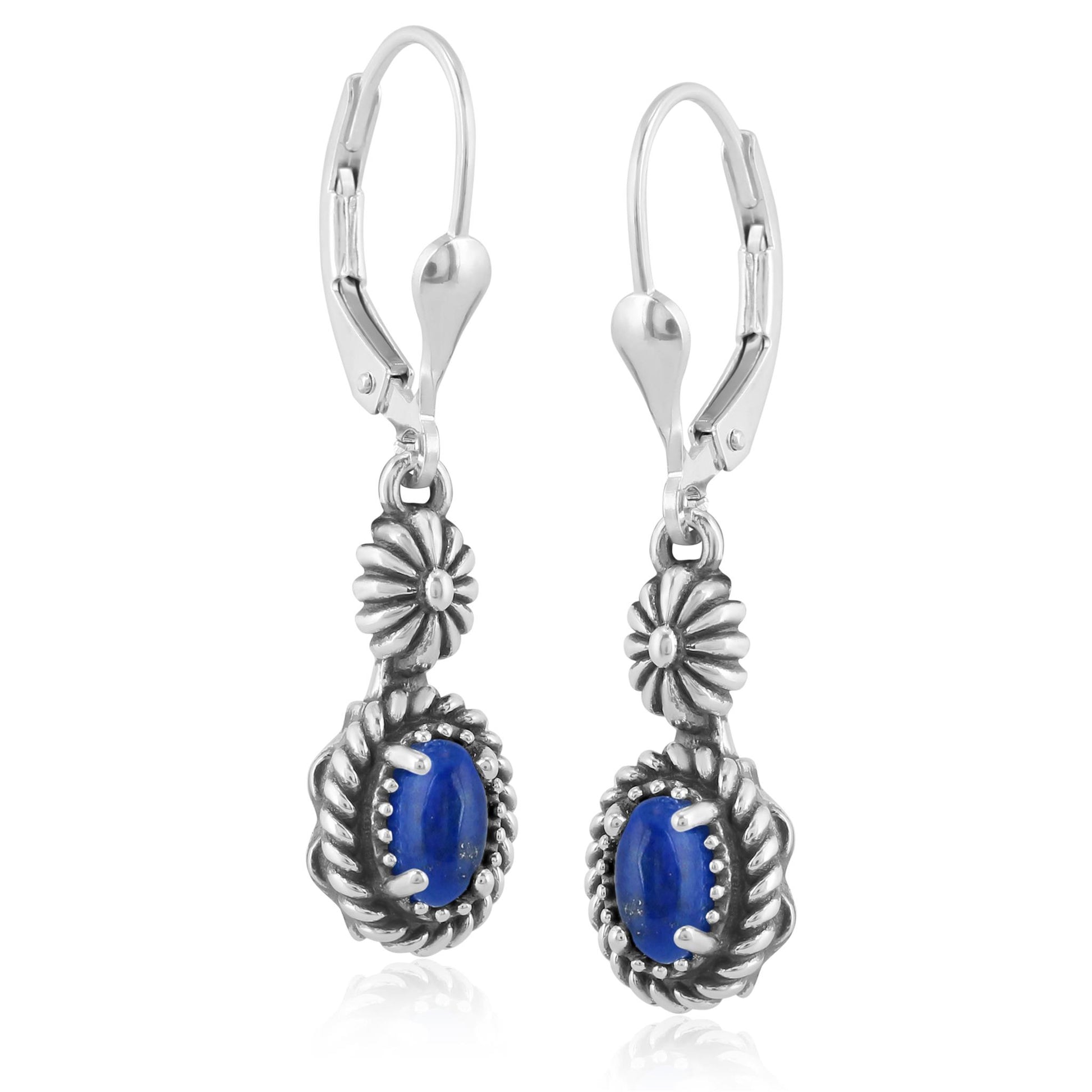 Sterling Silver Lapis Gemstone Floral and Rope Design Dangle Earrings