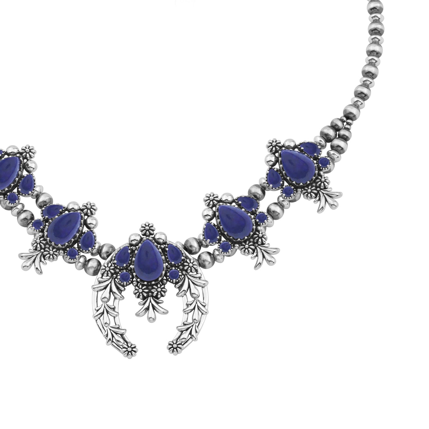 LIMITED EDITION! Sterling Silver Lapis Pear Cut Squash Blossom Naja Necklace, 17 to 20 Inches