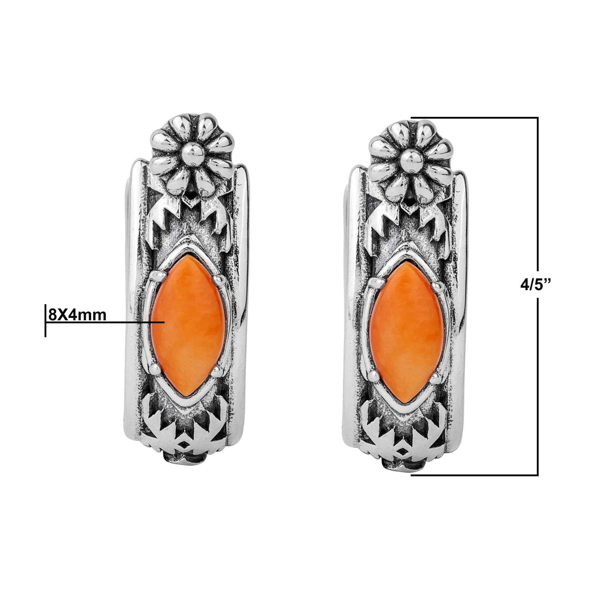 Sterling Silver Orange Spiny Oyster Marquise Cut Huggie Hoop Earrings 