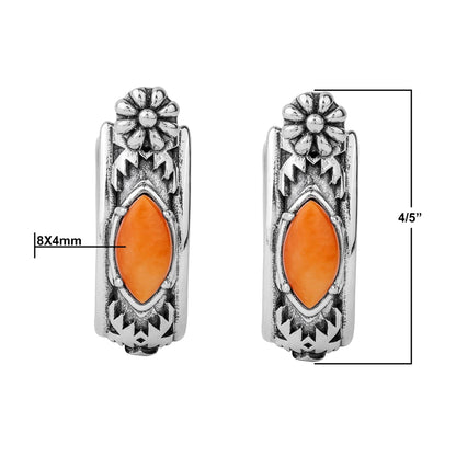 Sterling Silver Orange Spiny Oyster Marquise Cut Huggie Hoop Earrings 