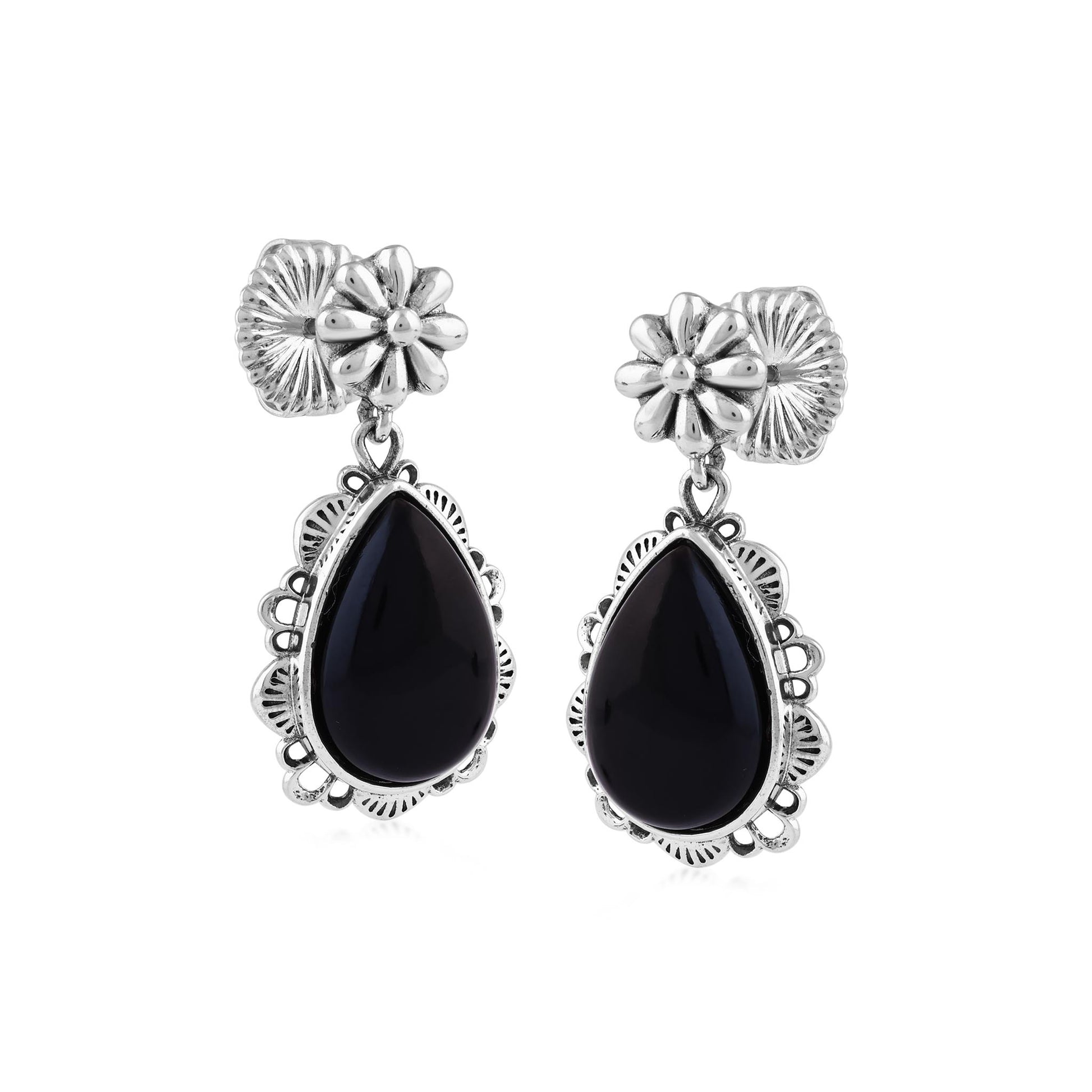  Sterling Silver Black Onyx Pear-Cut Concha Dangle Earrings