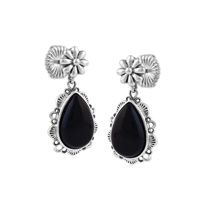  Sterling Silver Black Onyx Pear-Cut Concha Dangle Earrings
