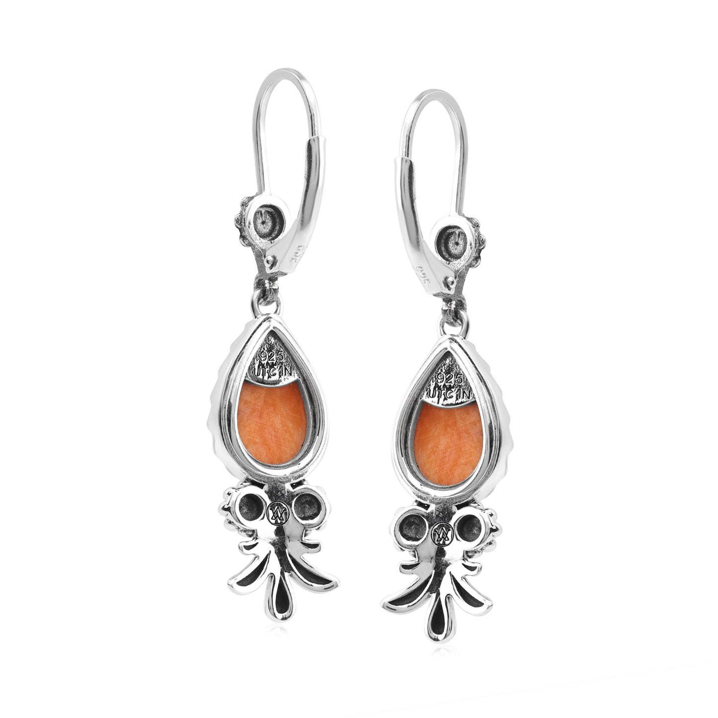 Sterling Silver Orange Spiny Oyster Teardrop Concha Squash Blossom Dangle Earrings