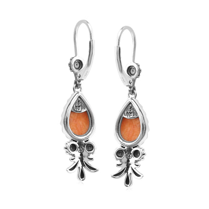 Sterling Silver Orange Spiny Oyster Teardrop Concha Squash Blossom Dangle Earrings