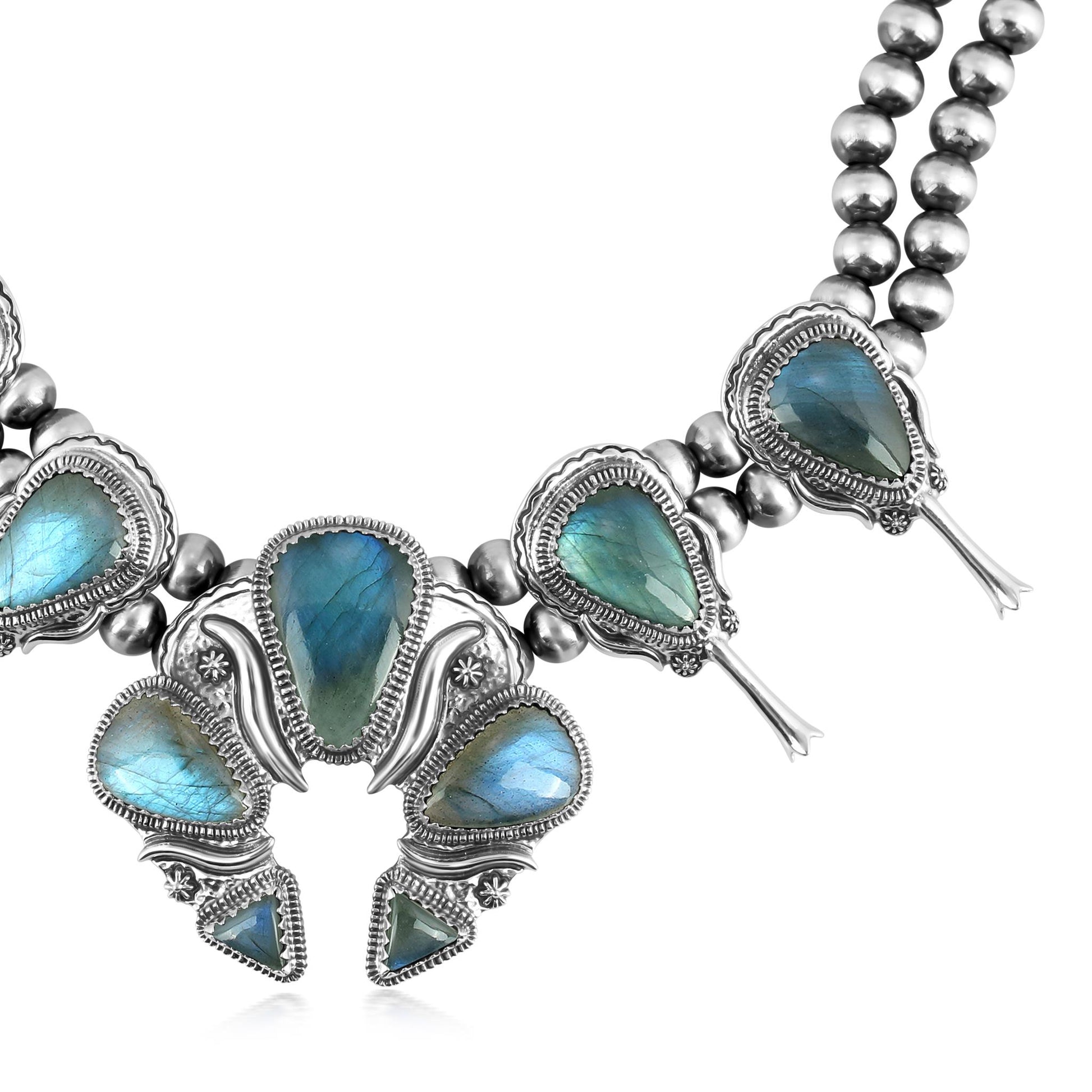 Sterling Silver Labradorite Large Naja Squash Blossom Necklace, 21 to 24 Inches