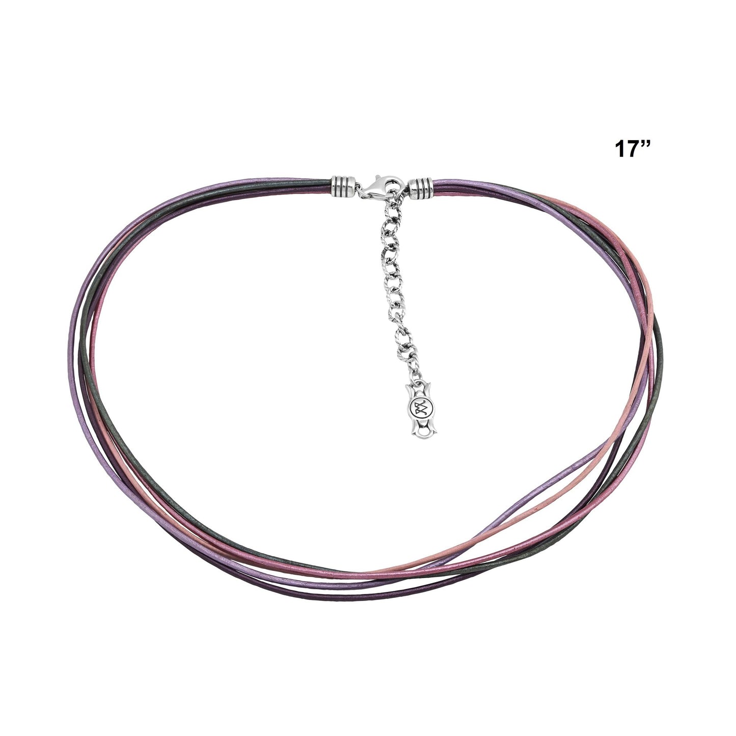 Sterling Silver Pink Leather 5 Strand Necklace, 17 to 20 Inches