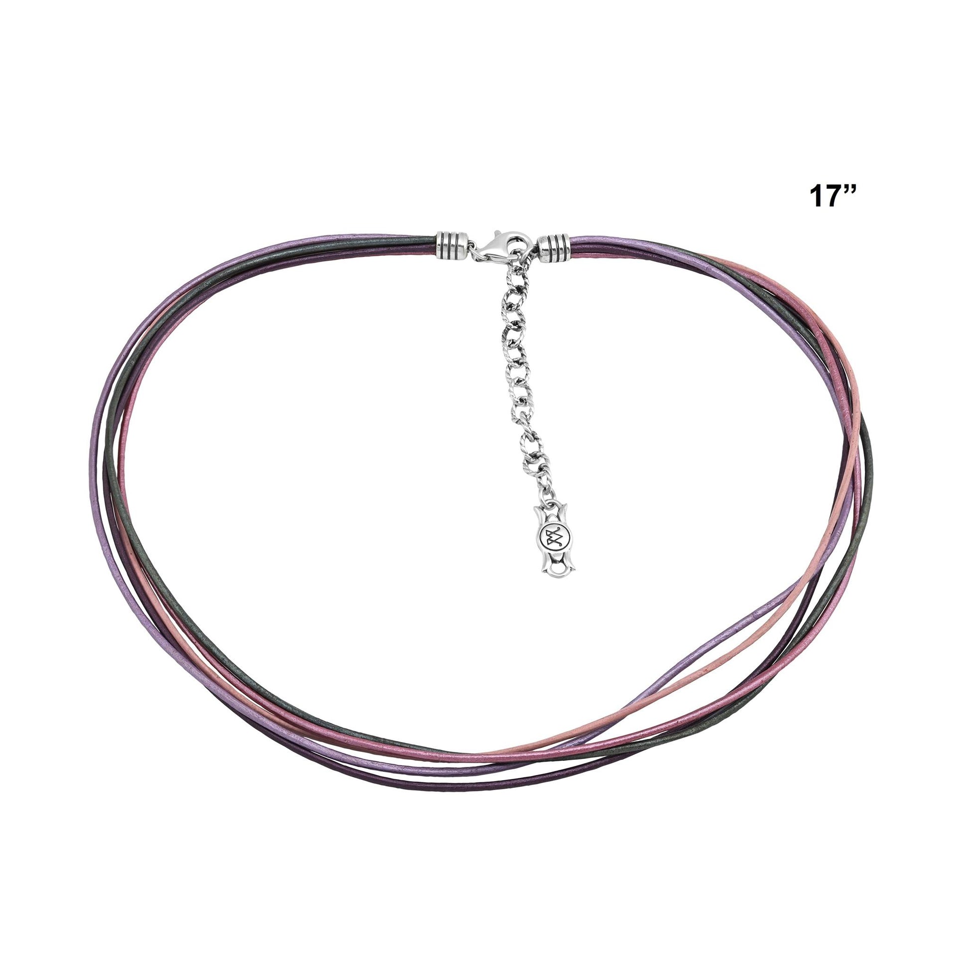 Sterling Silver Pink Leather 5 Strand Necklace, 17 to 20 Inches
