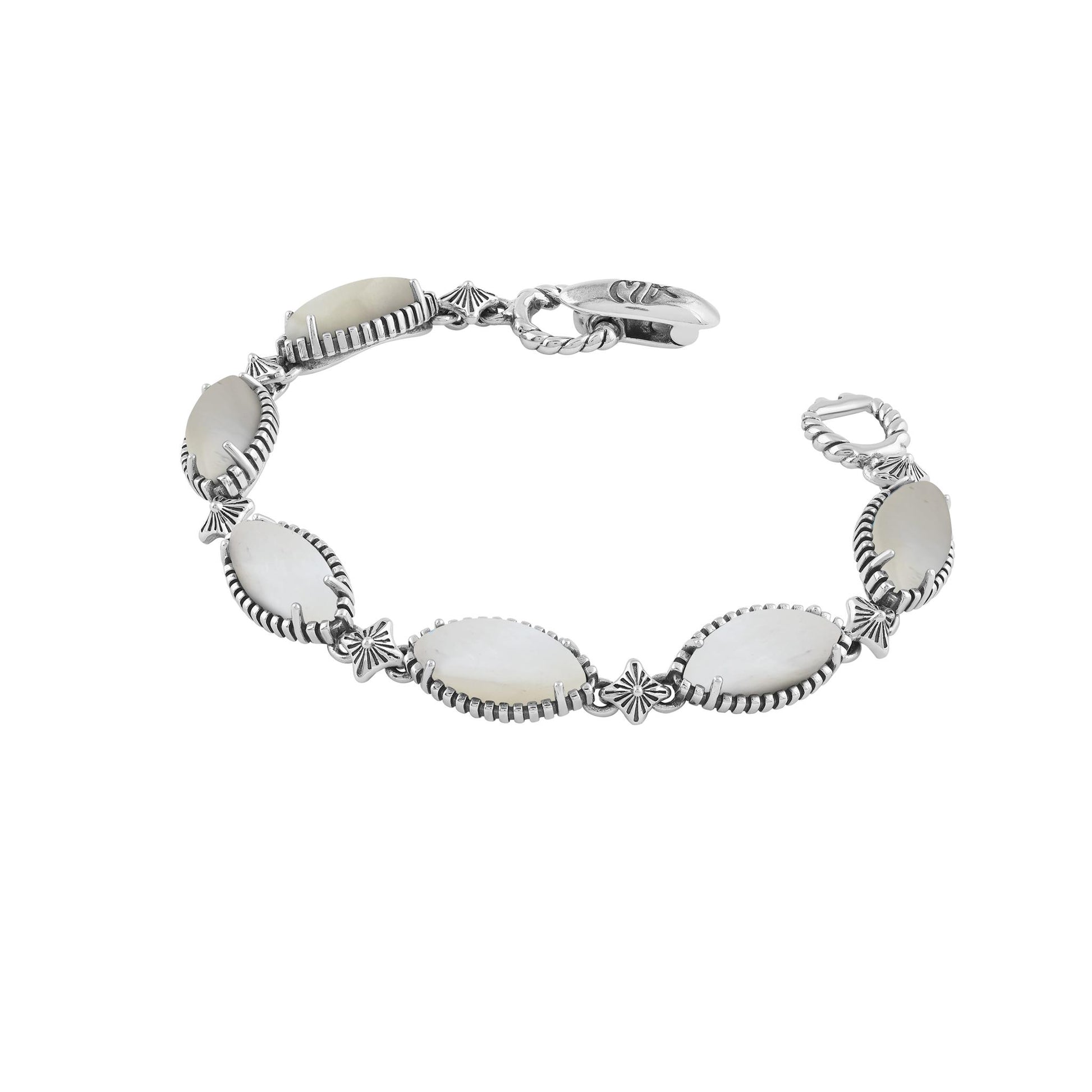  Sterling Silver White Mother of Pearl Marquise Cut Link Bracelet