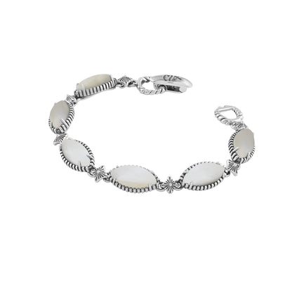  Sterling Silver White Mother of Pearl Marquise Cut Link Bracelet