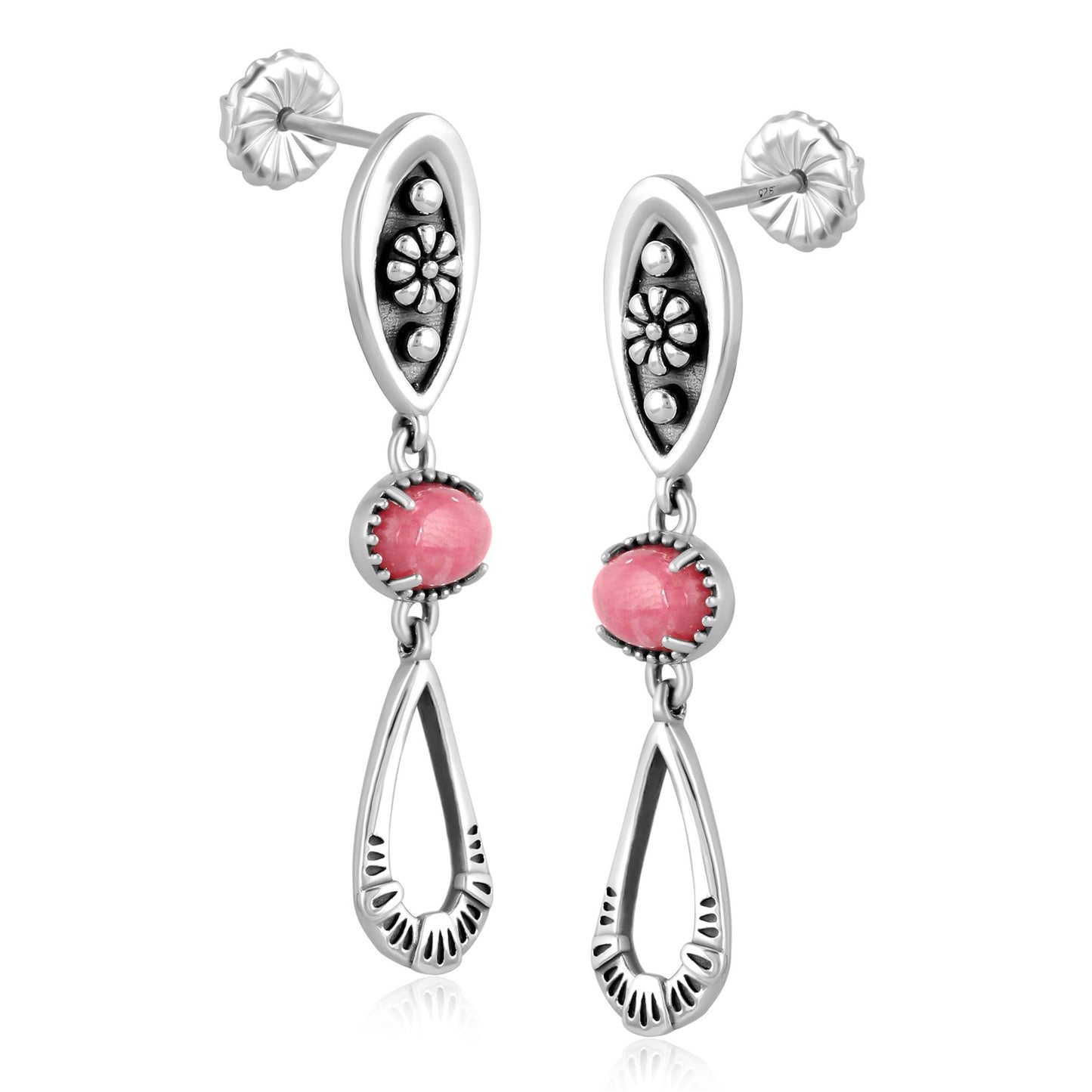 Sterling Silver Rhodonite Teardrop Double Loop Gemstone Earrings 