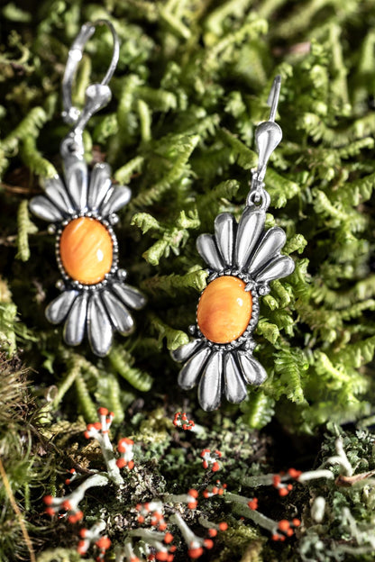 Sterling Silver Orange Spiny Oyster Gemstone Dangle Earrings