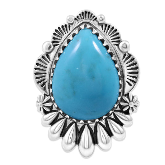 Sterling Silver Kingman Turquoise Pear Cut Ring, Sizes 5 to 11