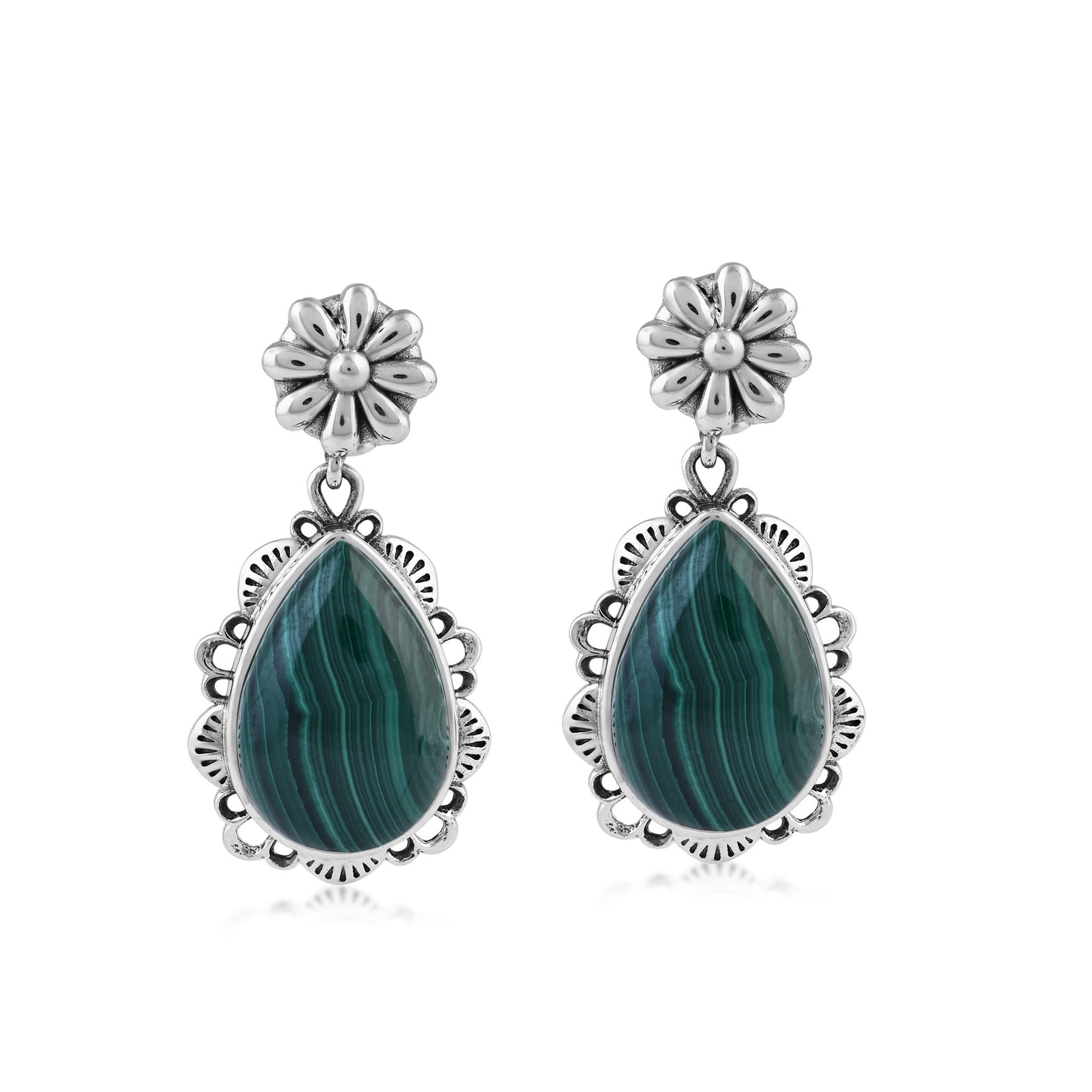  Sterling Silver Malachite Pear-Cut Concha Dangle Earrings
