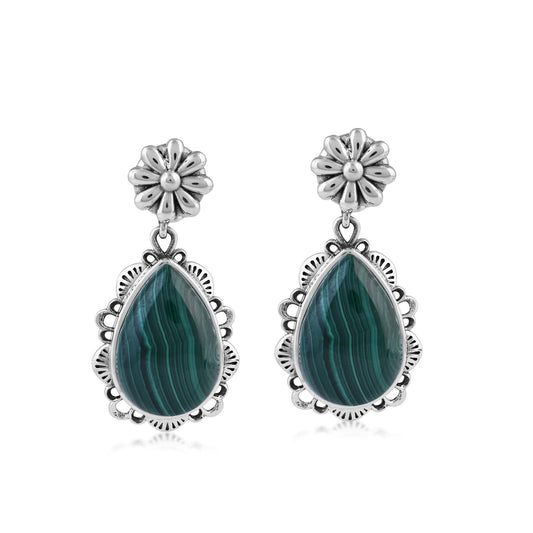  Sterling Silver Malachite Pear-Cut Concha Dangle Earrings