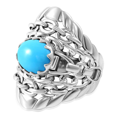 Sterling Silver Sleeping Beauty Turquoise Stirrup Chain Ring, Sizes 5 to 11