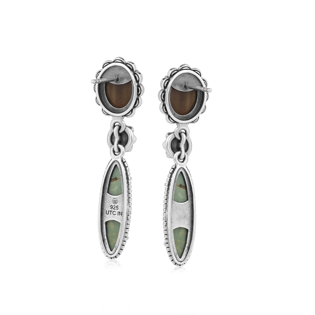Sterling Silver Tiger's Eye Green Turquoise Oval Cabochon Dangle Earrings