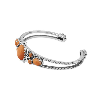  Sterling Silver Orange Spiny Oyster Oval and Round Open Cuff Bracelet
