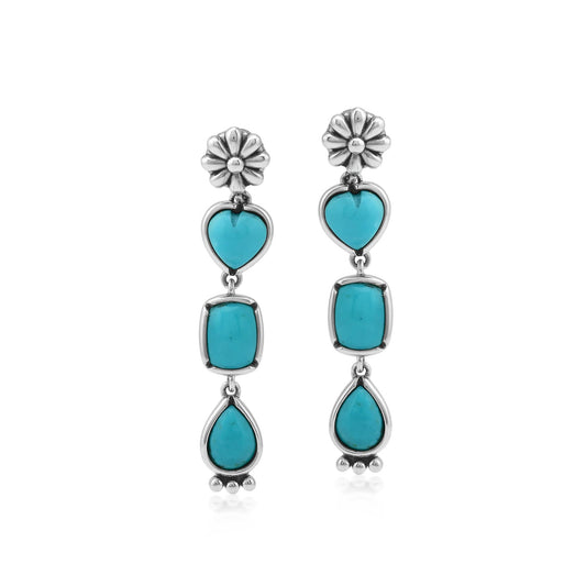 Sterling Silver Kingman Turquoise Gemstone Heart, Rectangle and Pear Concha Post Dangle Earrings 