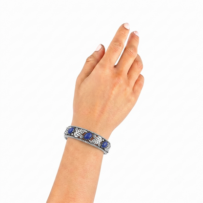 Sterling Silver Lapis Oval and Pear Leaf Cuff Bracelet, Sizes Small to Large