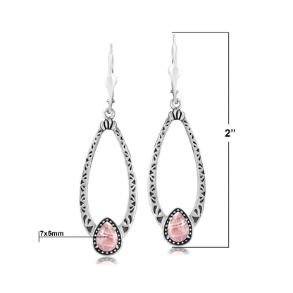 Sterling Silver Rhodochrosite Pear-Cut Long Oval Lever Back Dangle Earrings