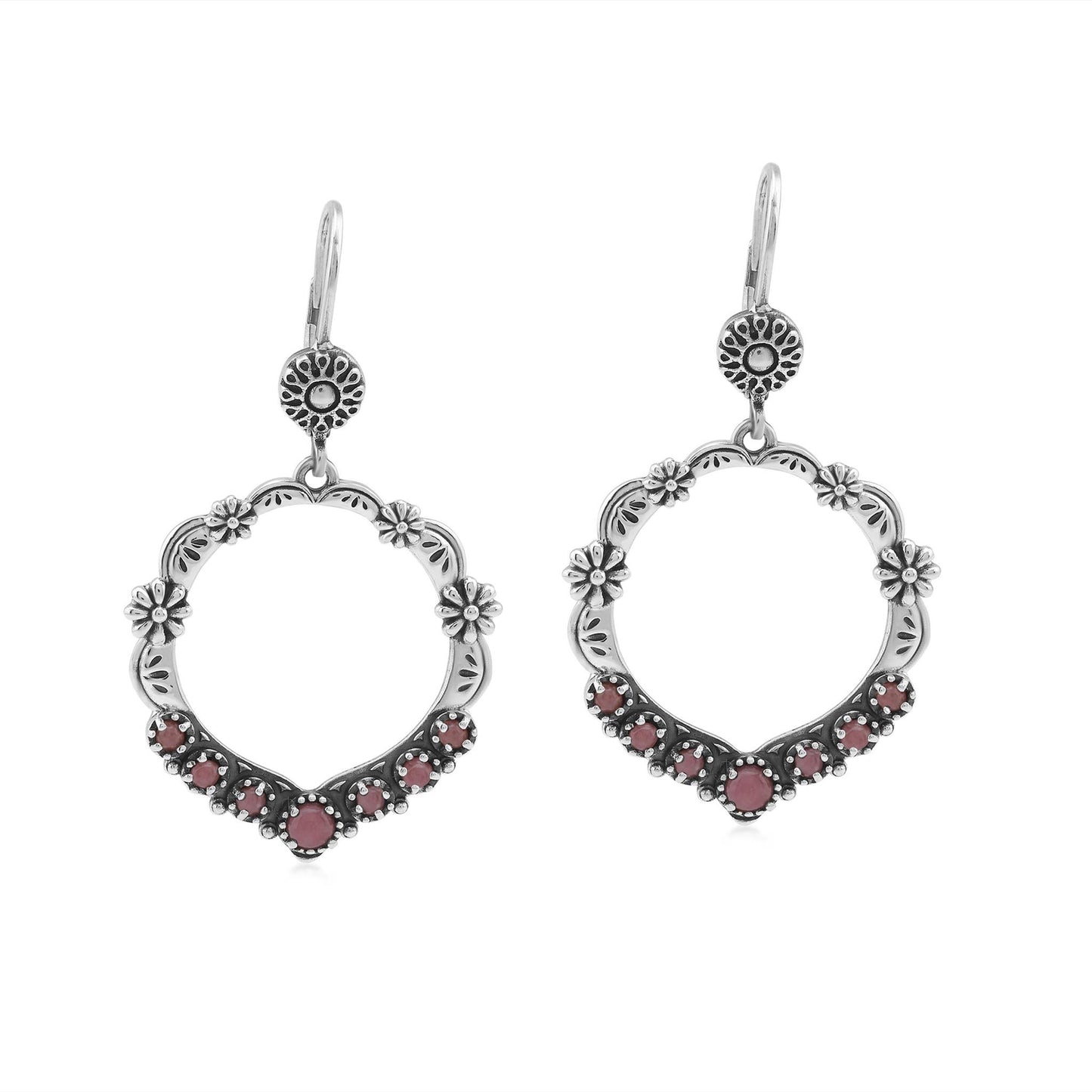 Sterling Silver Rhodonite Open Hoop Concha Lever Back Earrings