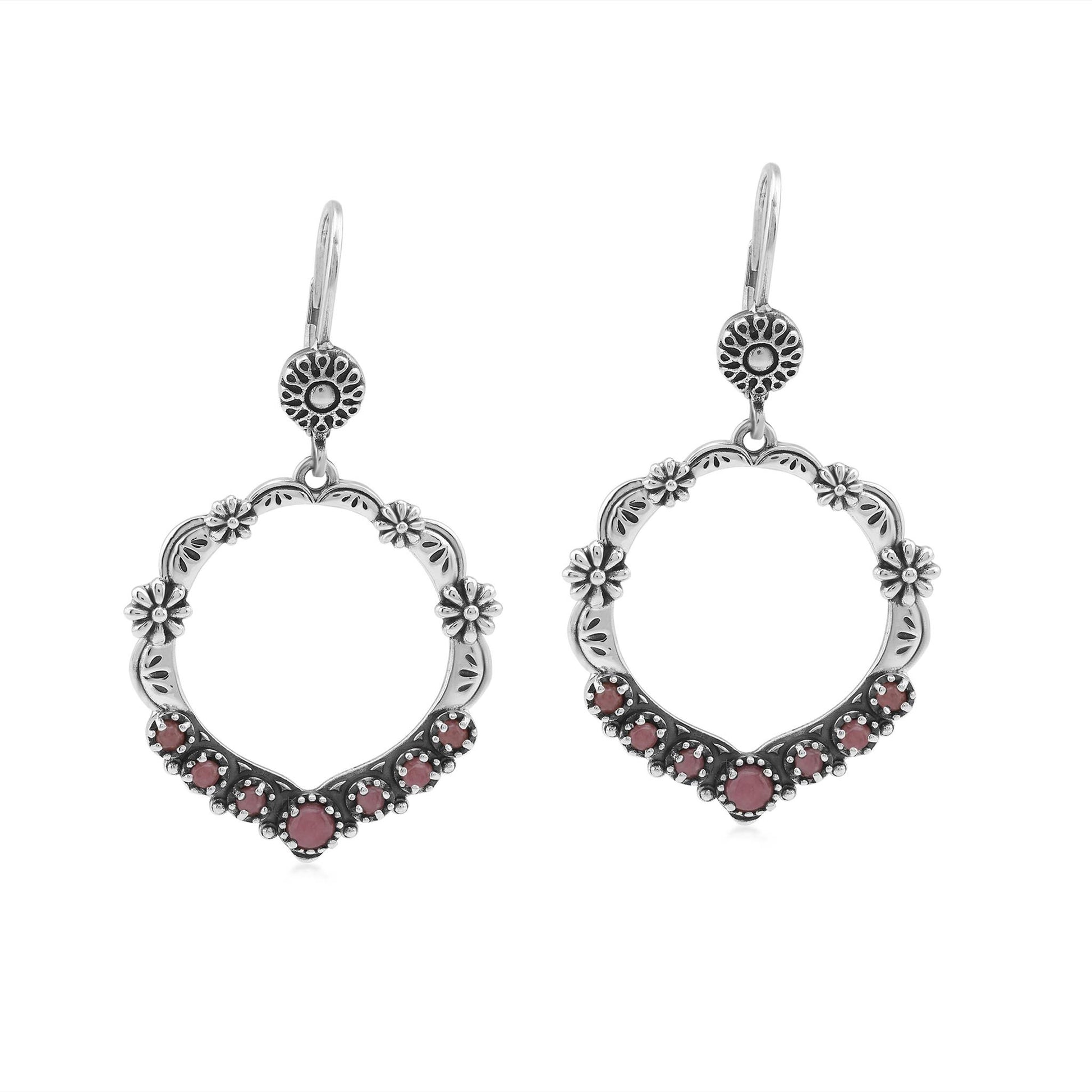 Sterling Silver Rhodonite Open Hoop Concha Lever Back Earrings