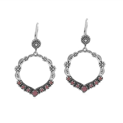 Sterling Silver Rhodonite Open Hoop Concha Lever Back Earrings